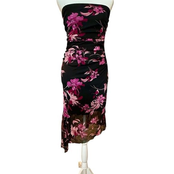 Vintage Y2K My Michelle Strapless Asymmetrical Dress L Whimsigoth Floral Midi - Picture 9 of 13